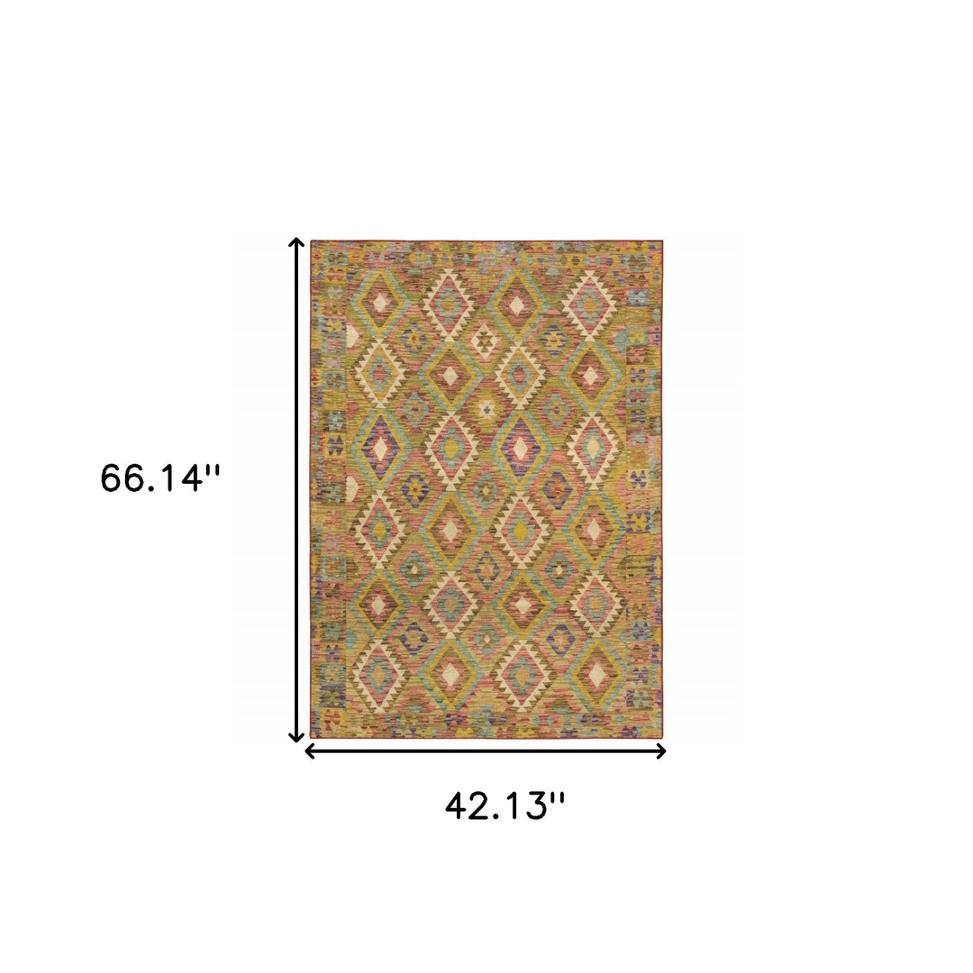 2' X 3' Gold Orange Brown Red Green Purple And Beige Southwestern Printed Stain Resistant Non Skid Area Rug