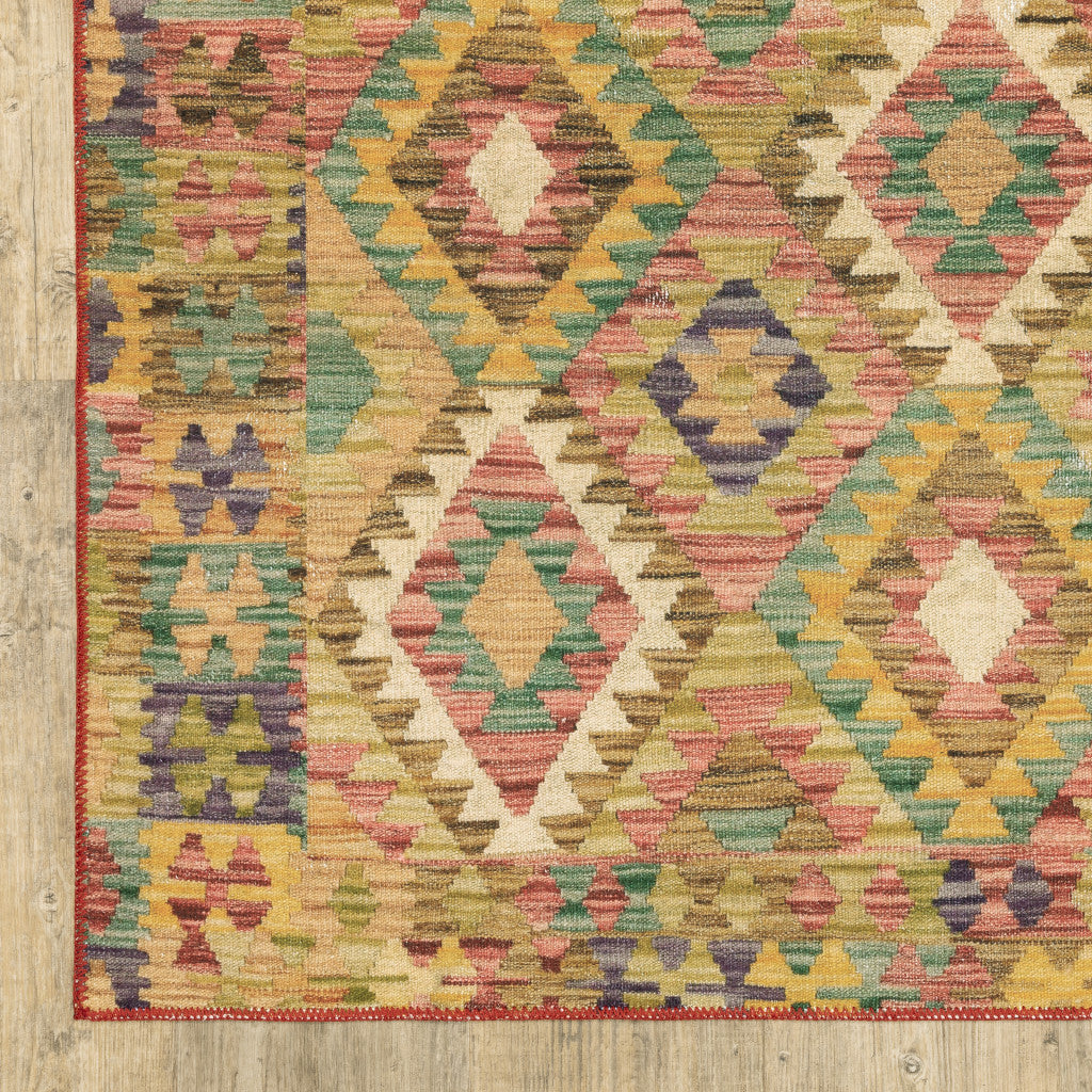 2' X 3' Gold Orange Brown Red Green Purple And Beige Southwestern Printed Stain Resistant Non Skid Area Rug