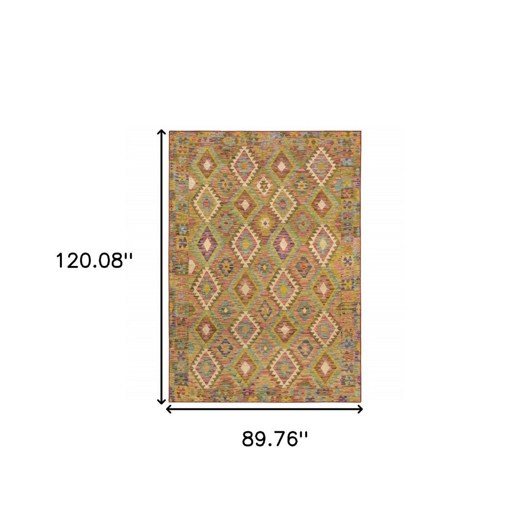 2' X 3' Gold Orange Brown Red Green Purple And Beige Southwestern Printed Stain Resistant Non Skid Area Rug