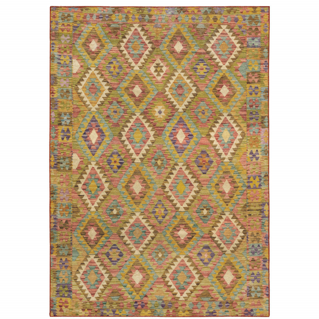 2' X 3' Gold Orange Brown Red Green Purple And Beige Southwestern Printed Stain Resistant Non Skid Area Rug