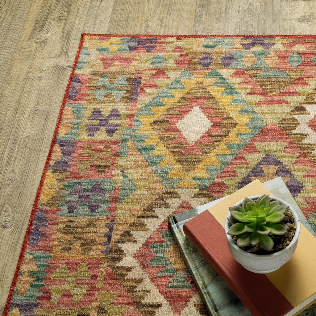 2' X 3' Gold Orange Brown Red Green Purple And Beige Southwestern Printed Stain Resistant Non Skid Area Rug