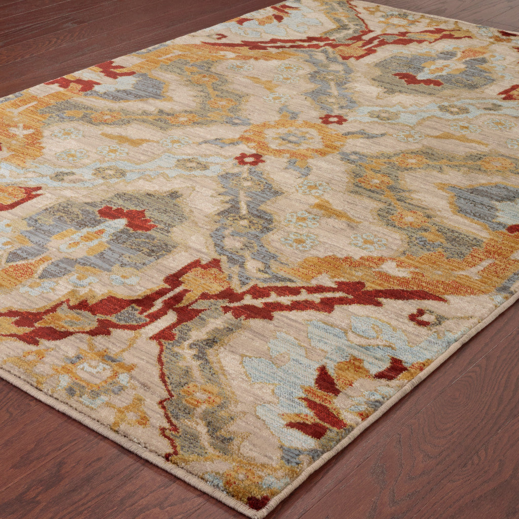 2' X 3' Beige Orange Blue Gold And Grey Abstract Power Loom Stain Resistant Area Rug