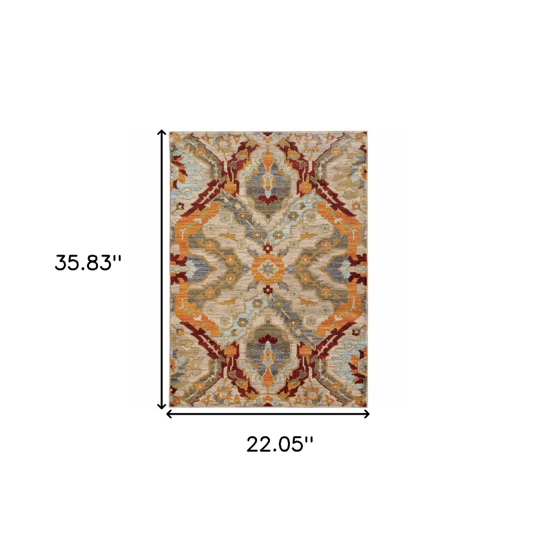 2' X 3' Beige Orange Blue Gold And Grey Abstract Power Loom Stain Resistant Area Rug