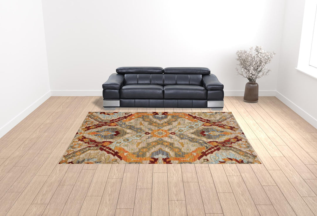 2' X 3' Beige Orange Blue Gold And Grey Abstract Power Loom Stain Resistant Area Rug