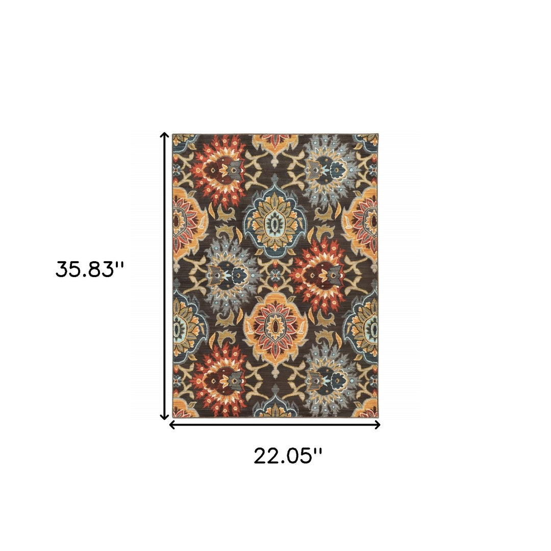 2' X 3' Brown Grey Rust Red Gold Teal And Blue Green Floral Power Loom Stain Resistant Area Rug