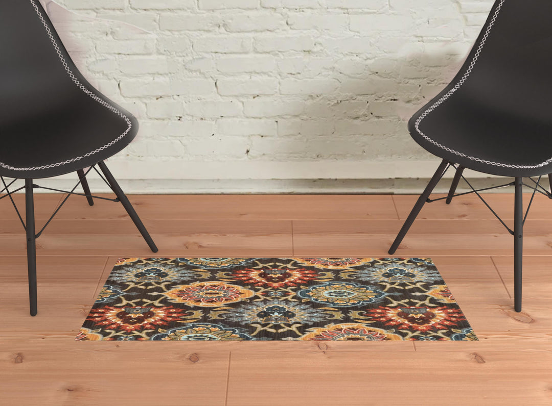 2' X 3' Brown Grey Rust Red Gold Teal And Blue Green Floral Power Loom Stain Resistant Area Rug