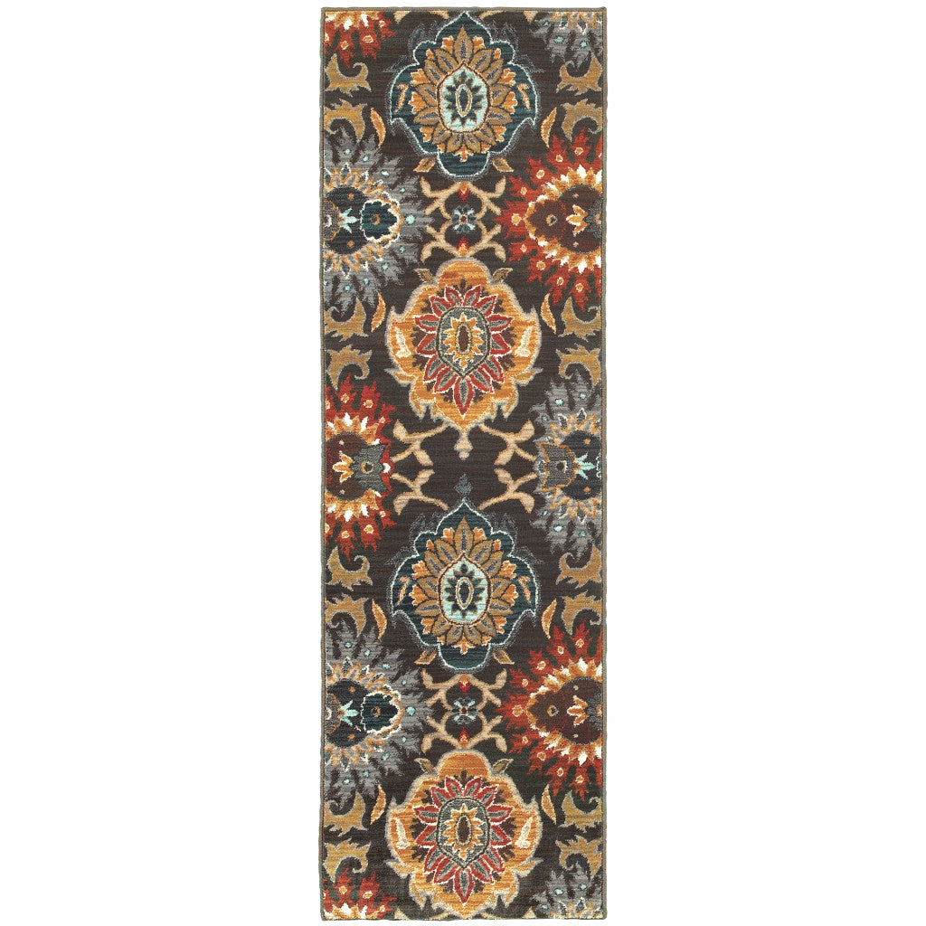 2' X 3' Brown Grey Rust Red Gold Teal And Blue Green Floral Power Loom Stain Resistant Area Rug