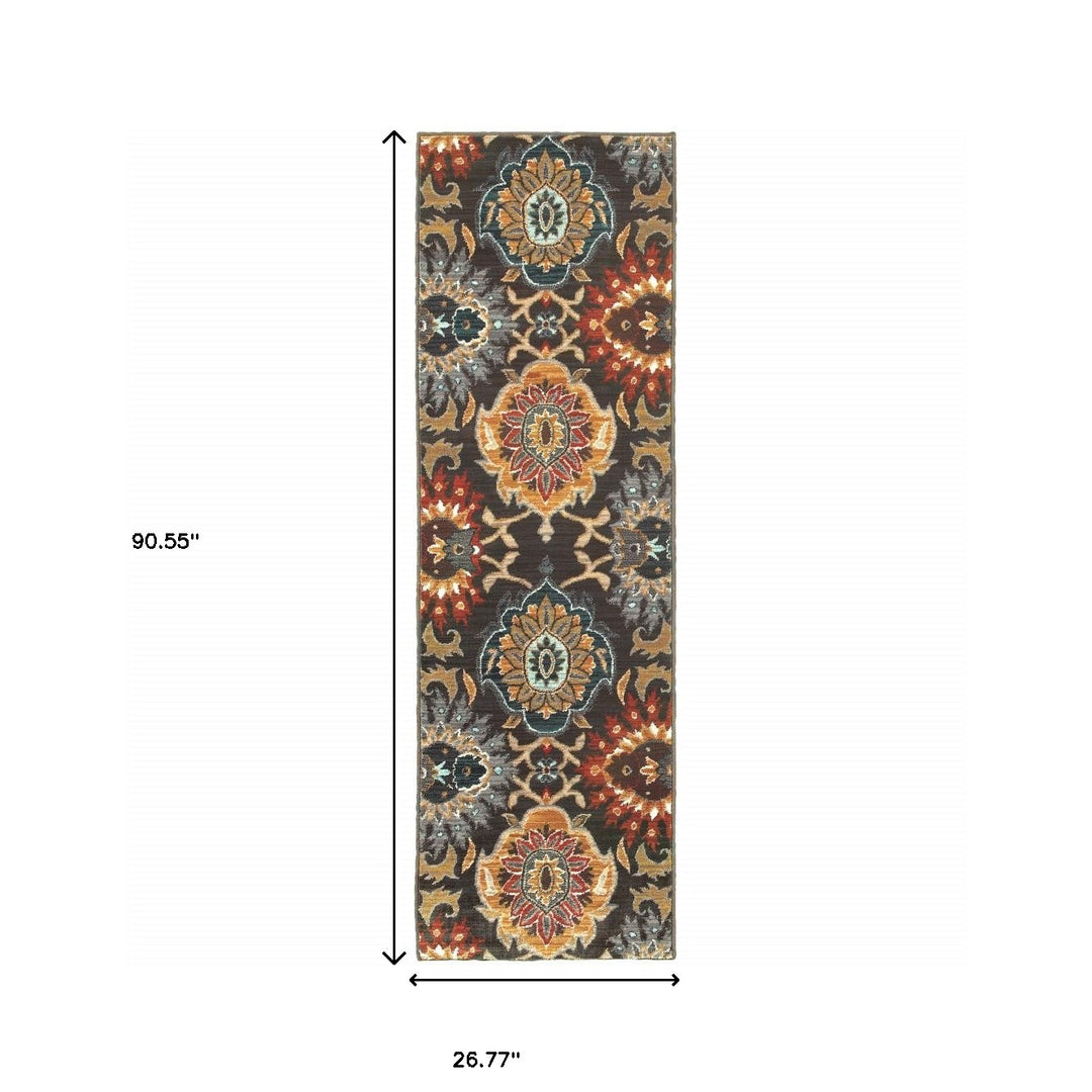 2' X 3' Brown Grey Rust Red Gold Teal And Blue Green Floral Power Loom Stain Resistant Area Rug