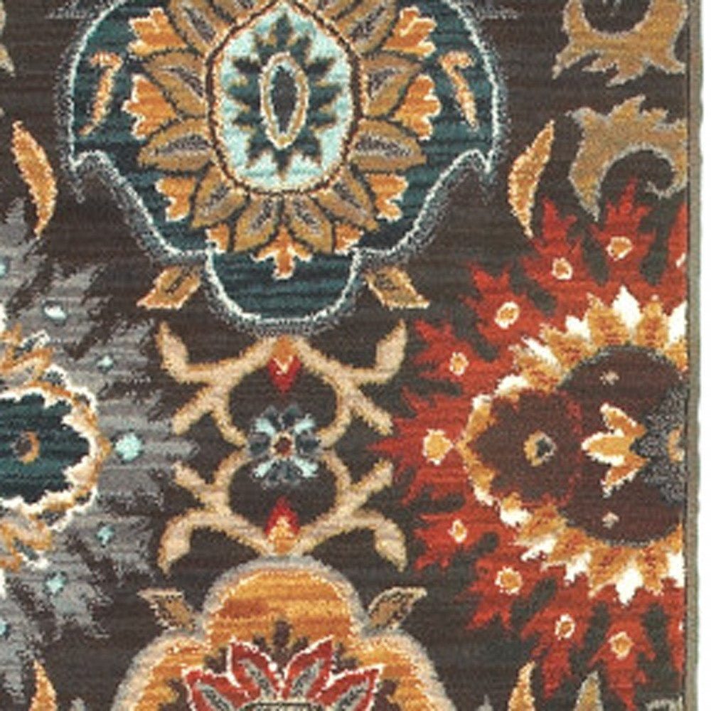 2' X 3' Brown Grey Rust Red Gold Teal And Blue Green Floral Power Loom Stain Resistant Area Rug