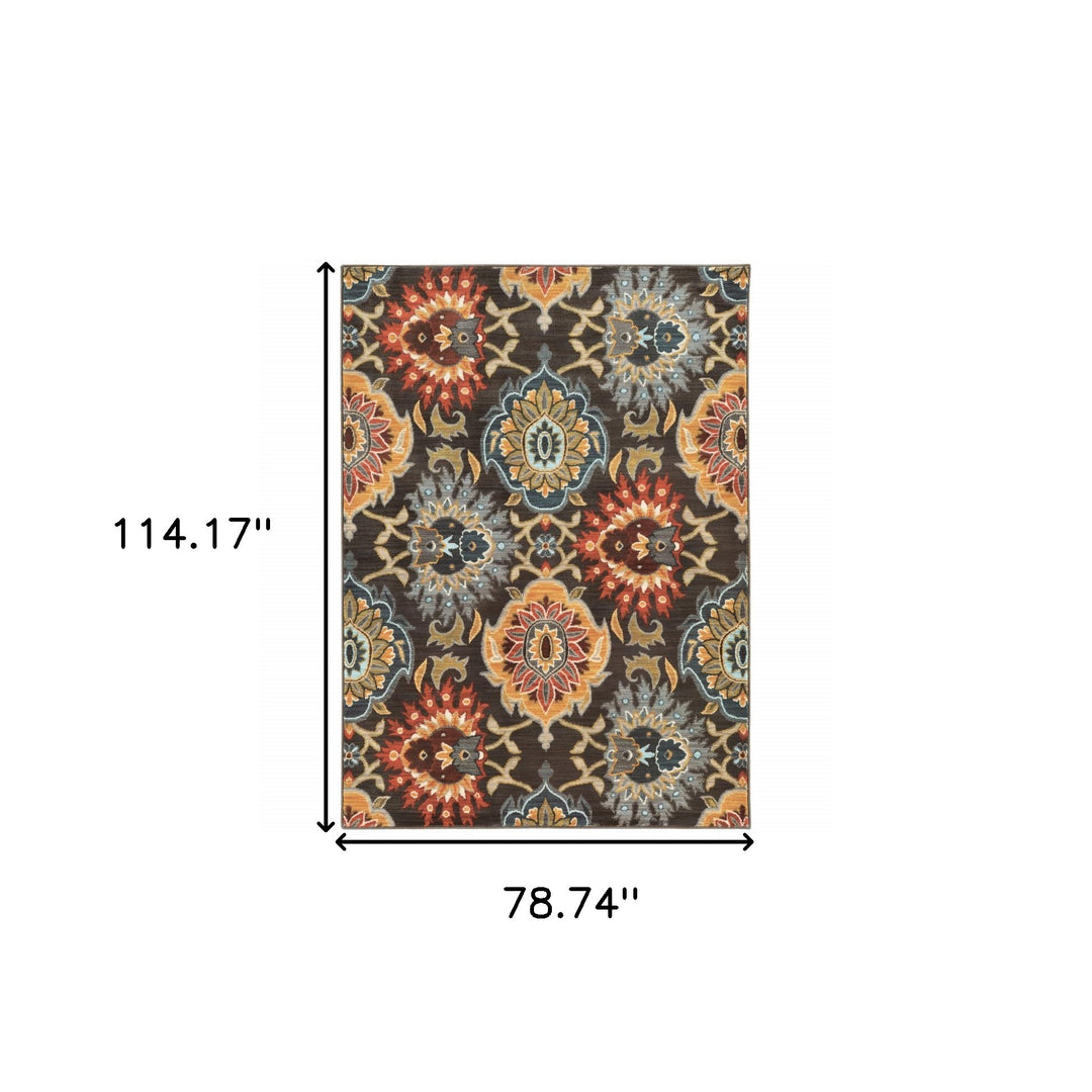 2' X 3' Brown Grey Rust Red Gold Teal And Blue Green Floral Power Loom Stain Resistant Area Rug