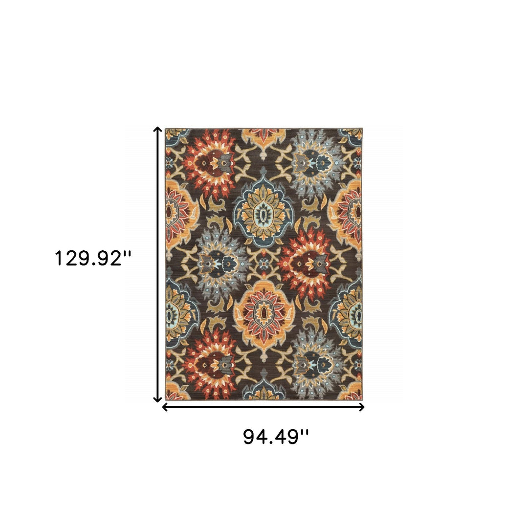 2' X 3' Brown Grey Rust Red Gold Teal And Blue Green Floral Power Loom Stain Resistant Area Rug