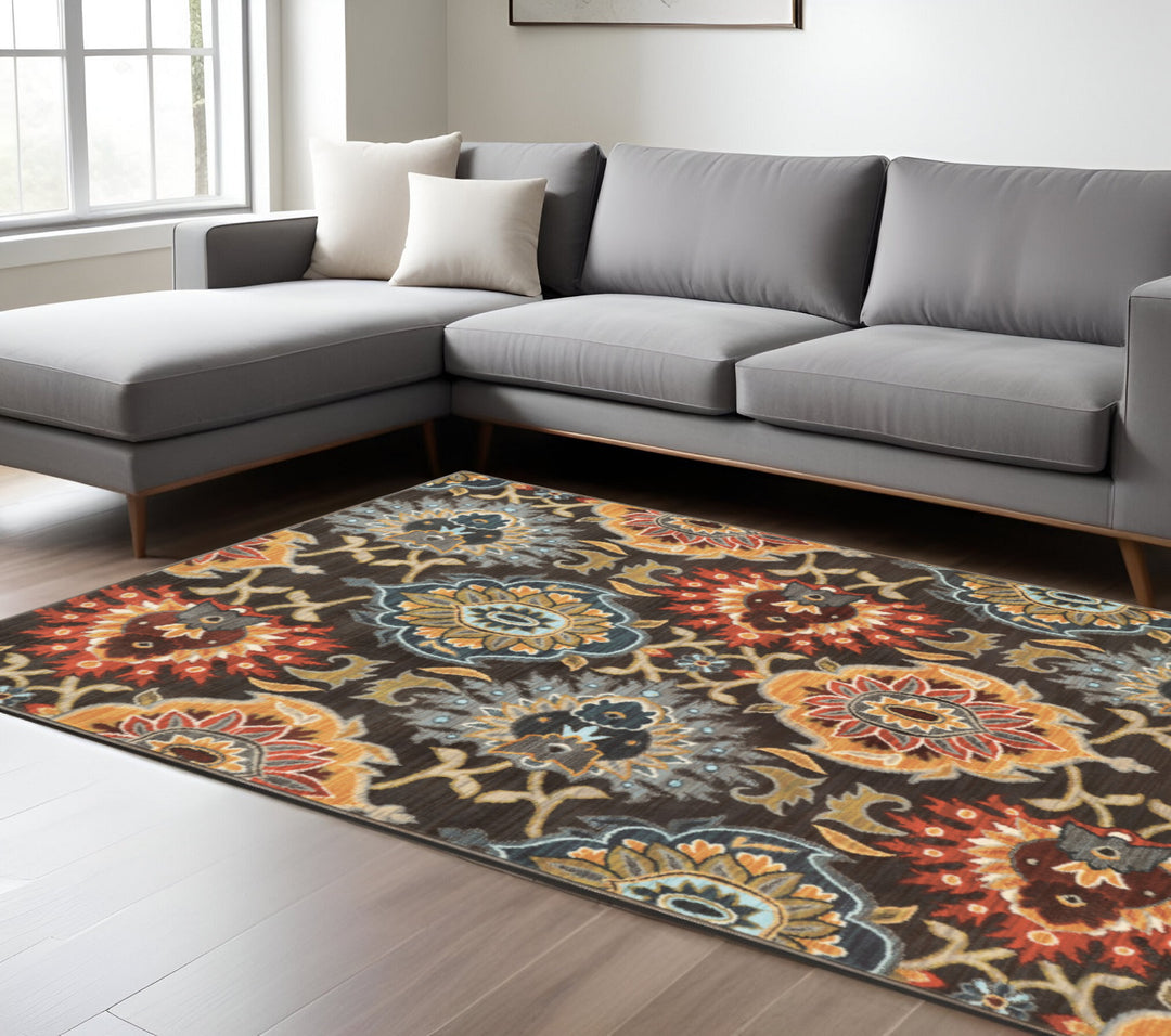 2' X 3' Brown Grey Rust Red Gold Teal And Blue Green Floral Power Loom Stain Resistant Area Rug