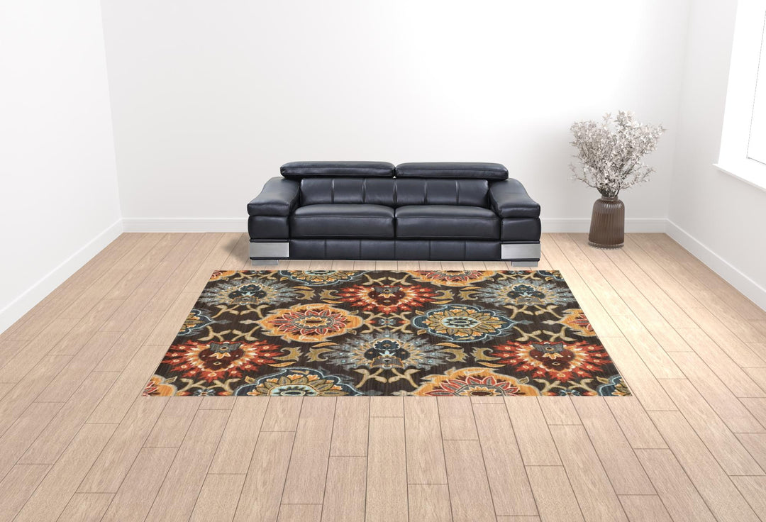 2' X 3' Brown Grey Rust Red Gold Teal And Blue Green Floral Power Loom Stain Resistant Area Rug