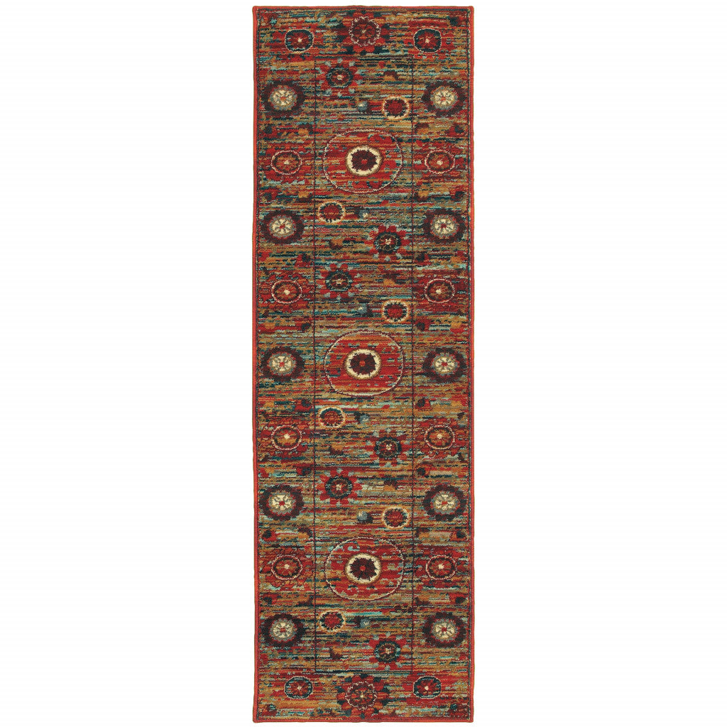 2' X 3' Red Gold Orange Green Ivory Rust And Blue Floral Power Loom Stain Resistant Area Rug