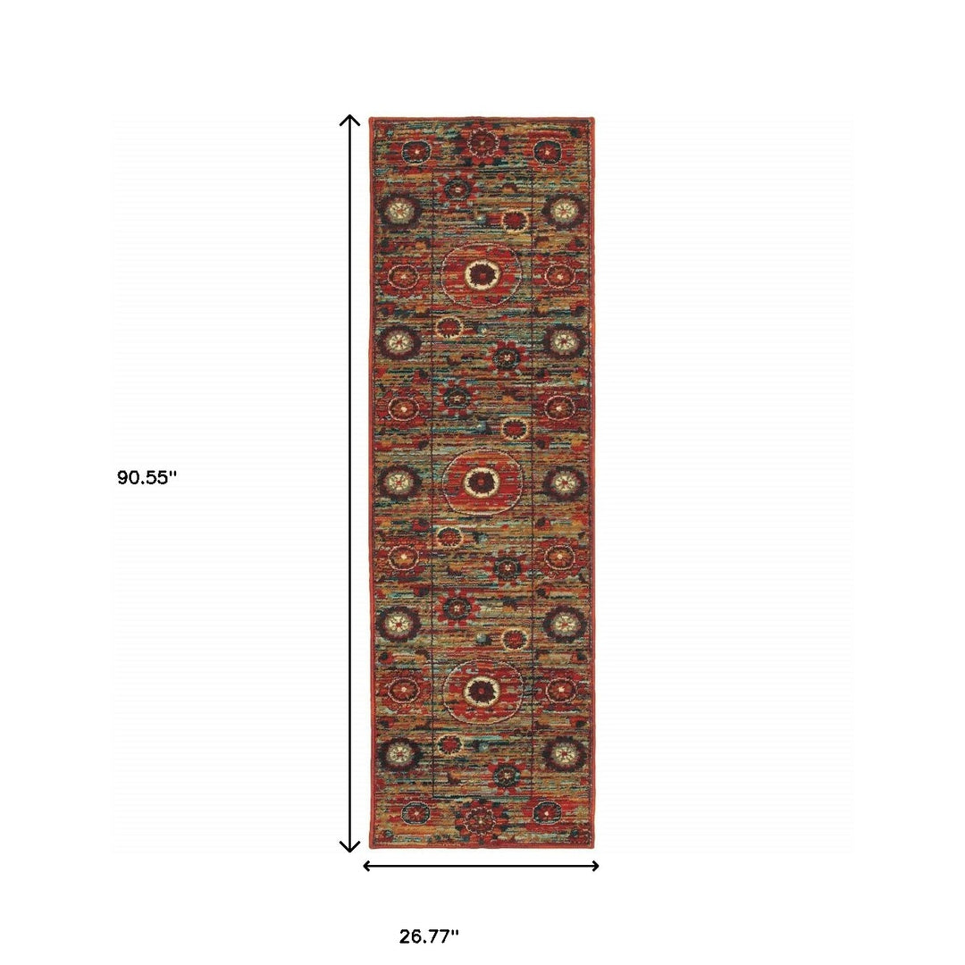 2' X 3' Red Gold Orange Green Ivory Rust And Blue Floral Power Loom Stain Resistant Area Rug