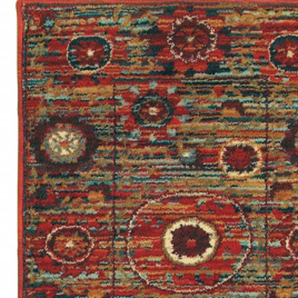 2' X 3' Red Gold Orange Green Ivory Rust And Blue Floral Power Loom Stain Resistant Area Rug