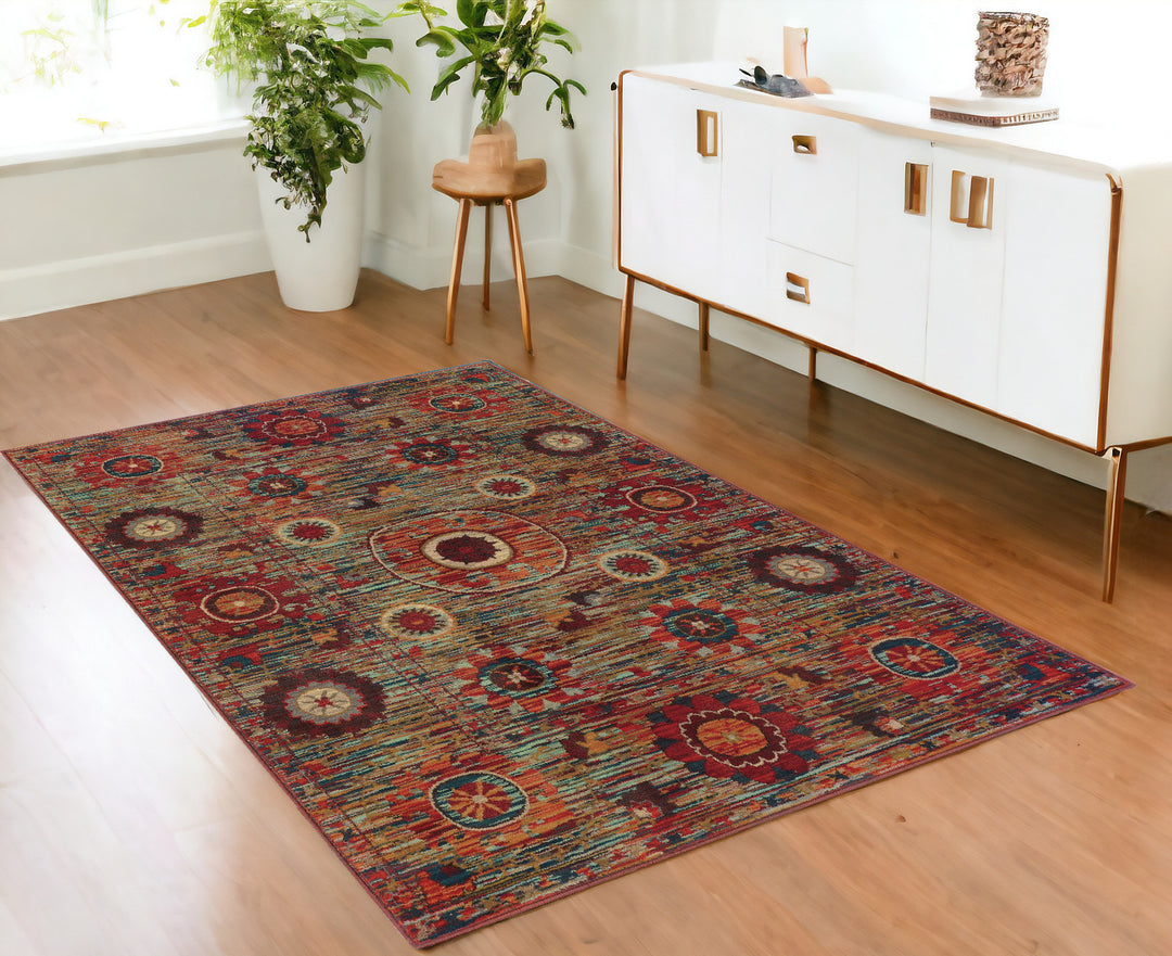 2' X 3' Red Gold Orange Green Ivory Rust And Blue Floral Power Loom Stain Resistant Area Rug