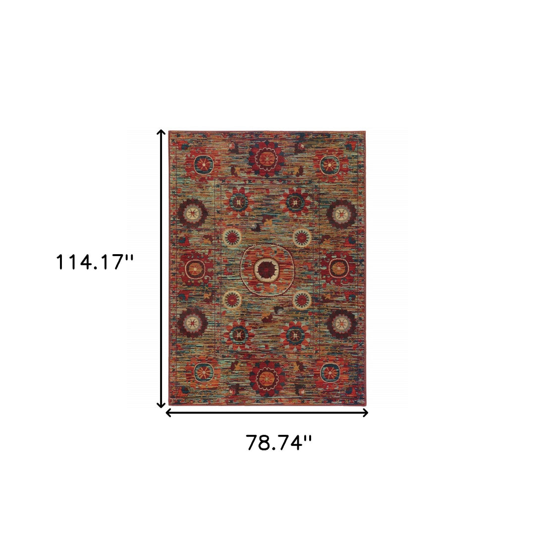 2' X 3' Red Gold Orange Green Ivory Rust And Blue Floral Power Loom Stain Resistant Area Rug