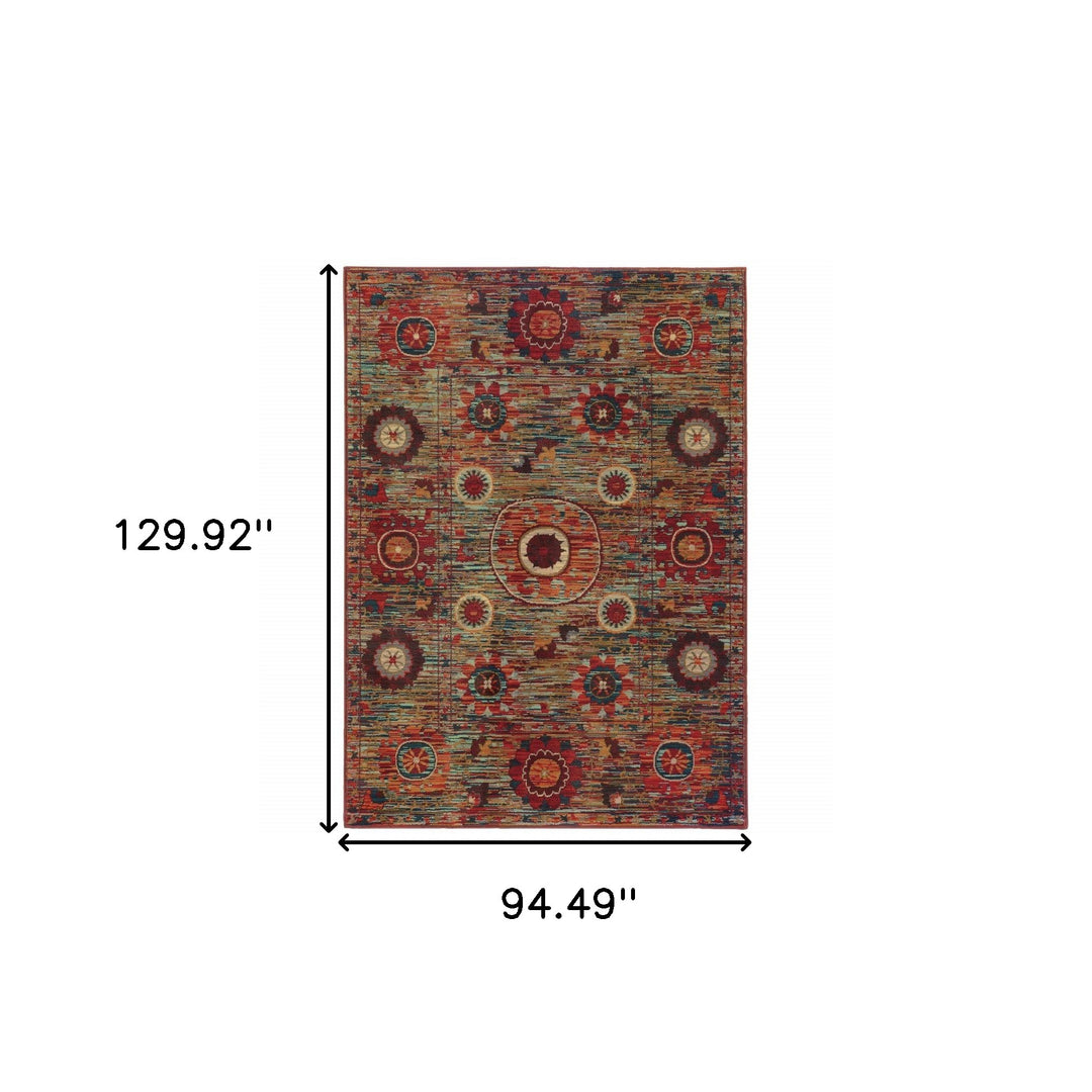 2' X 3' Red Gold Orange Green Ivory Rust And Blue Floral Power Loom Stain Resistant Area Rug