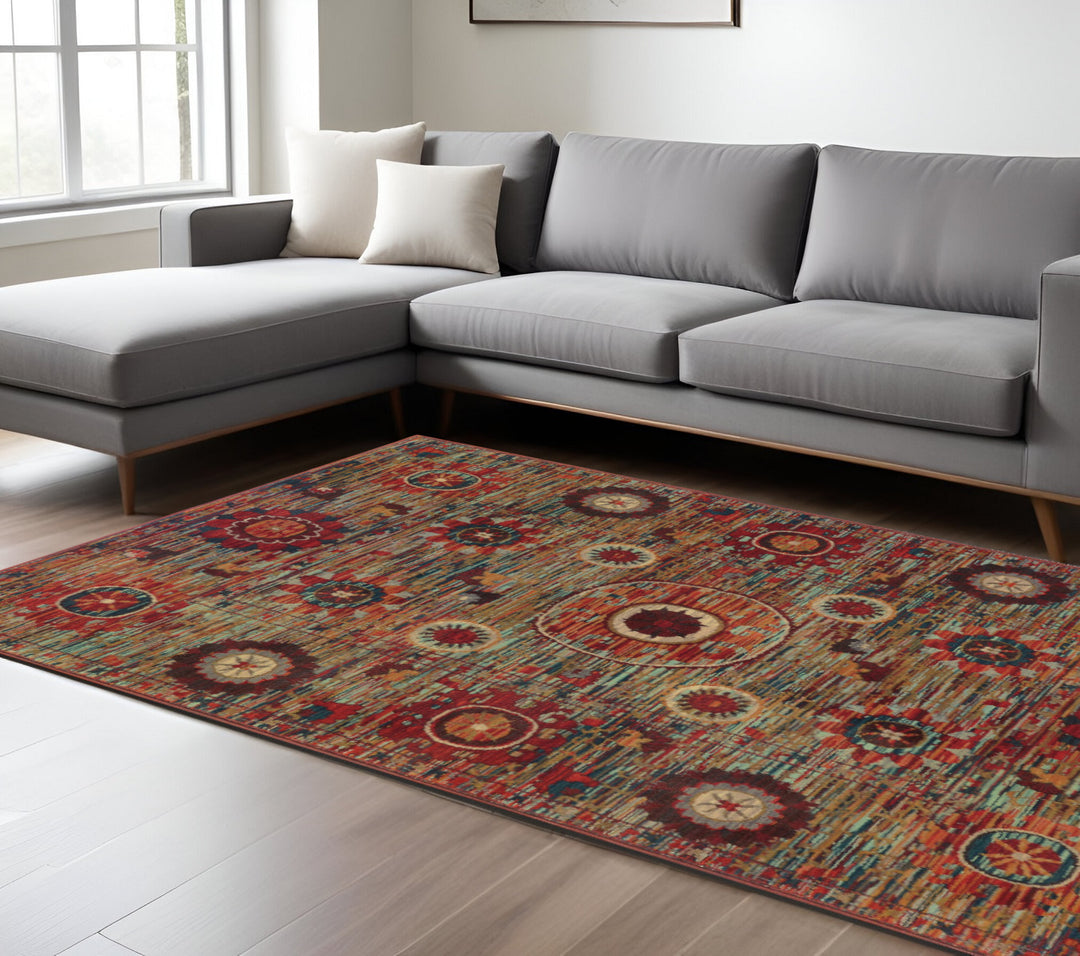 2' X 3' Red Gold Orange Green Ivory Rust And Blue Floral Power Loom Stain Resistant Area Rug