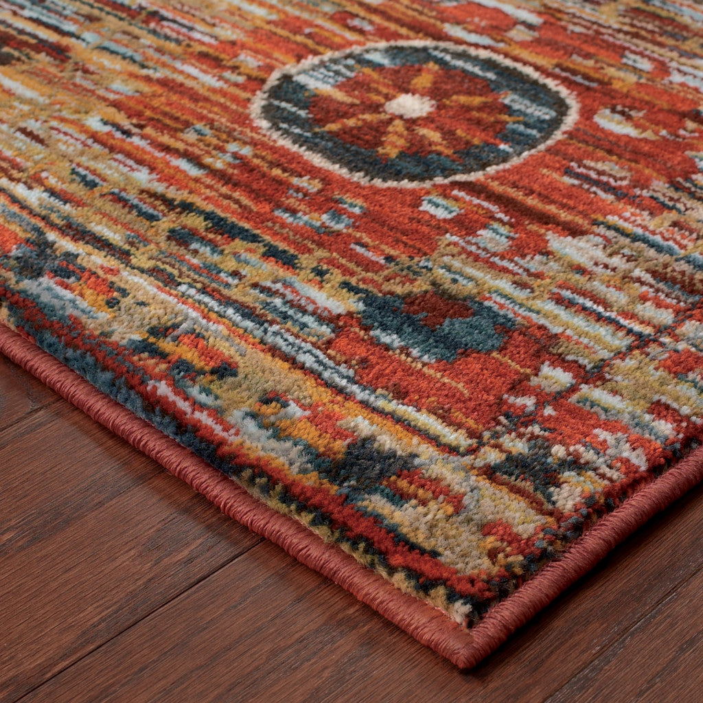 2' X 3' Red Gold Orange Green Ivory Rust And Blue Floral Power Loom Stain Resistant Area Rug