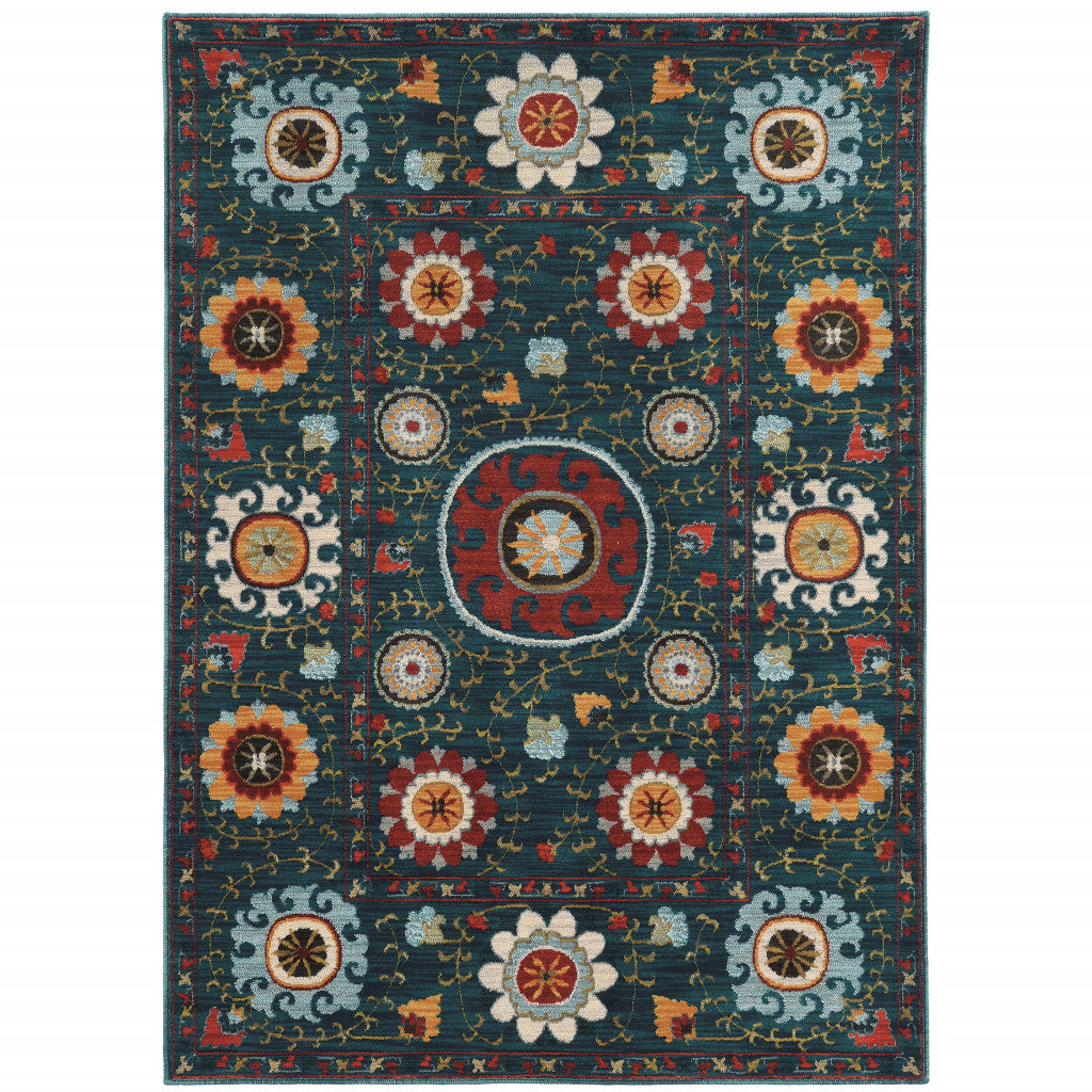 2' X 3' Red Gold Orange Green Ivory Rust And Blue Floral Power Loom Stain Resistant Area Rug