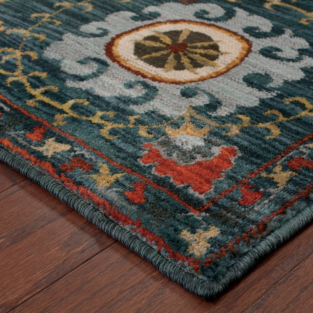 2' X 3' Red Gold Orange Green Ivory Rust And Blue Floral Power Loom Stain Resistant Area Rug