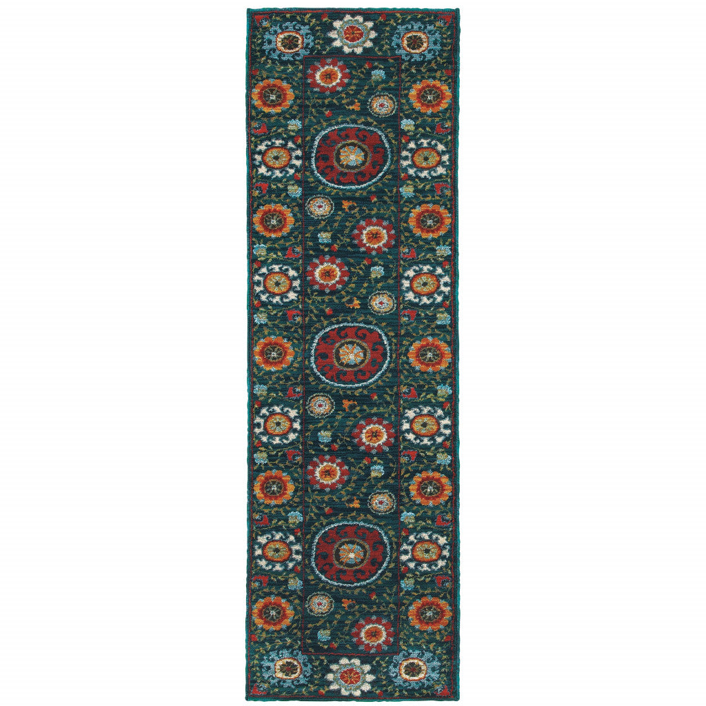 2' X 3' Red Gold Orange Green Ivory Rust And Blue Floral Power Loom Stain Resistant Area Rug