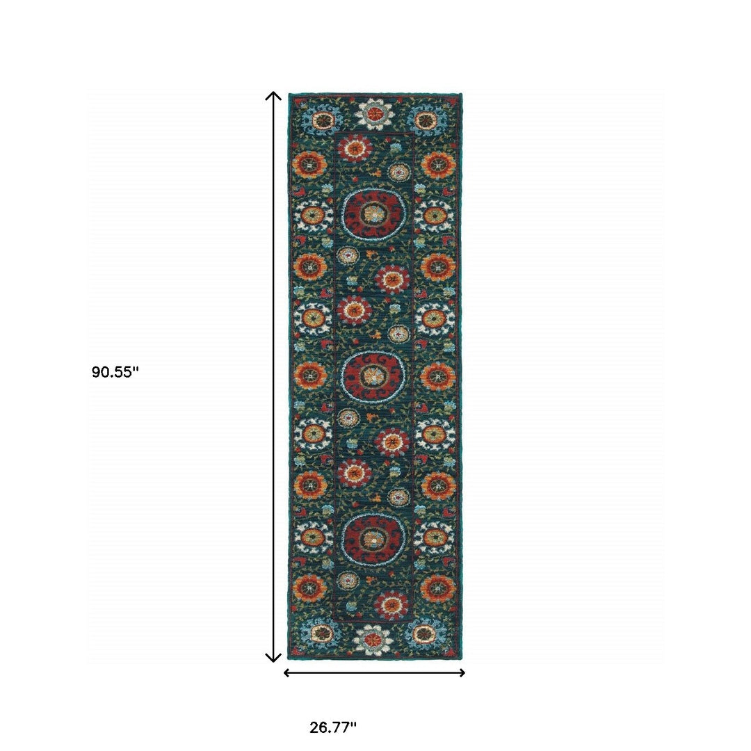 2' X 3' Red Gold Orange Green Ivory Rust And Blue Floral Power Loom Stain Resistant Area Rug