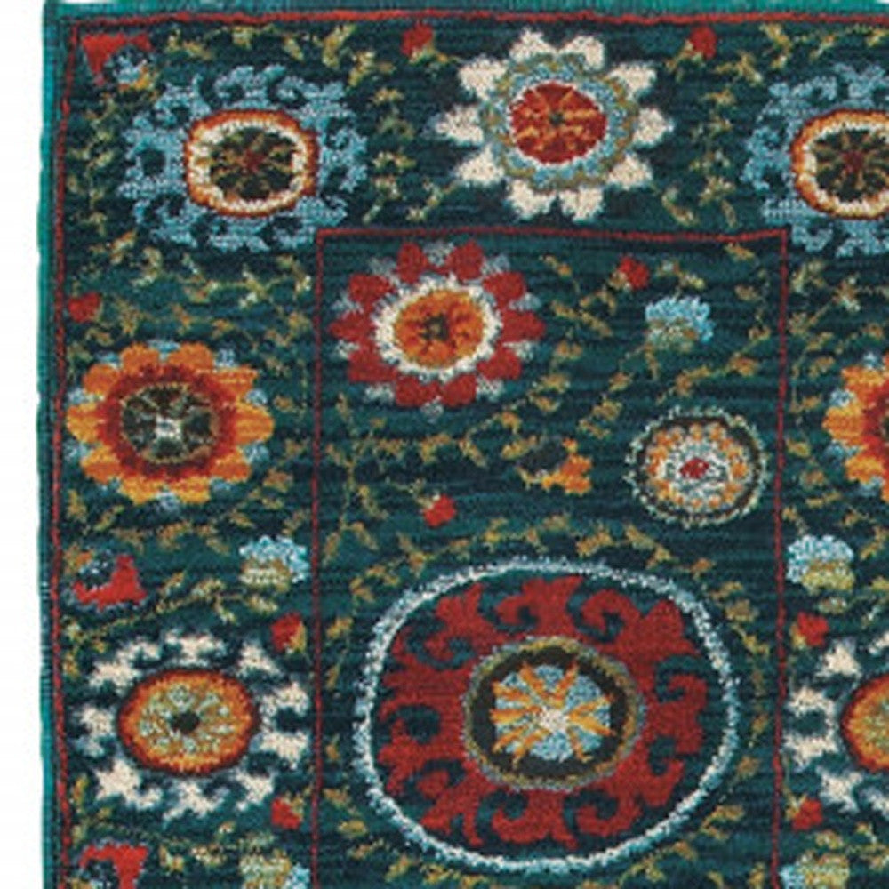 2' X 3' Red Gold Orange Green Ivory Rust And Blue Floral Power Loom Stain Resistant Area Rug