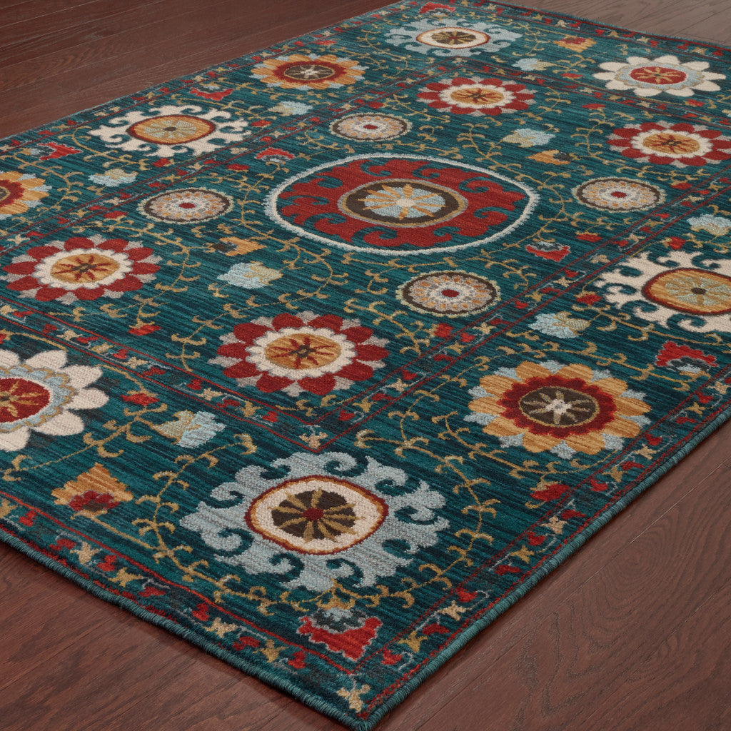 2' X 3' Red Gold Orange Green Ivory Rust And Blue Floral Power Loom Stain Resistant Area Rug