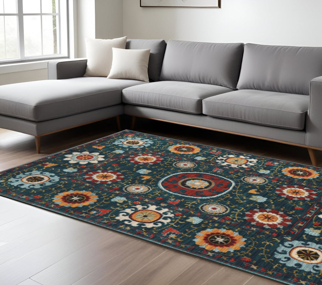 2' X 3' Red Gold Orange Green Ivory Rust And Blue Floral Power Loom Stain Resistant Area Rug