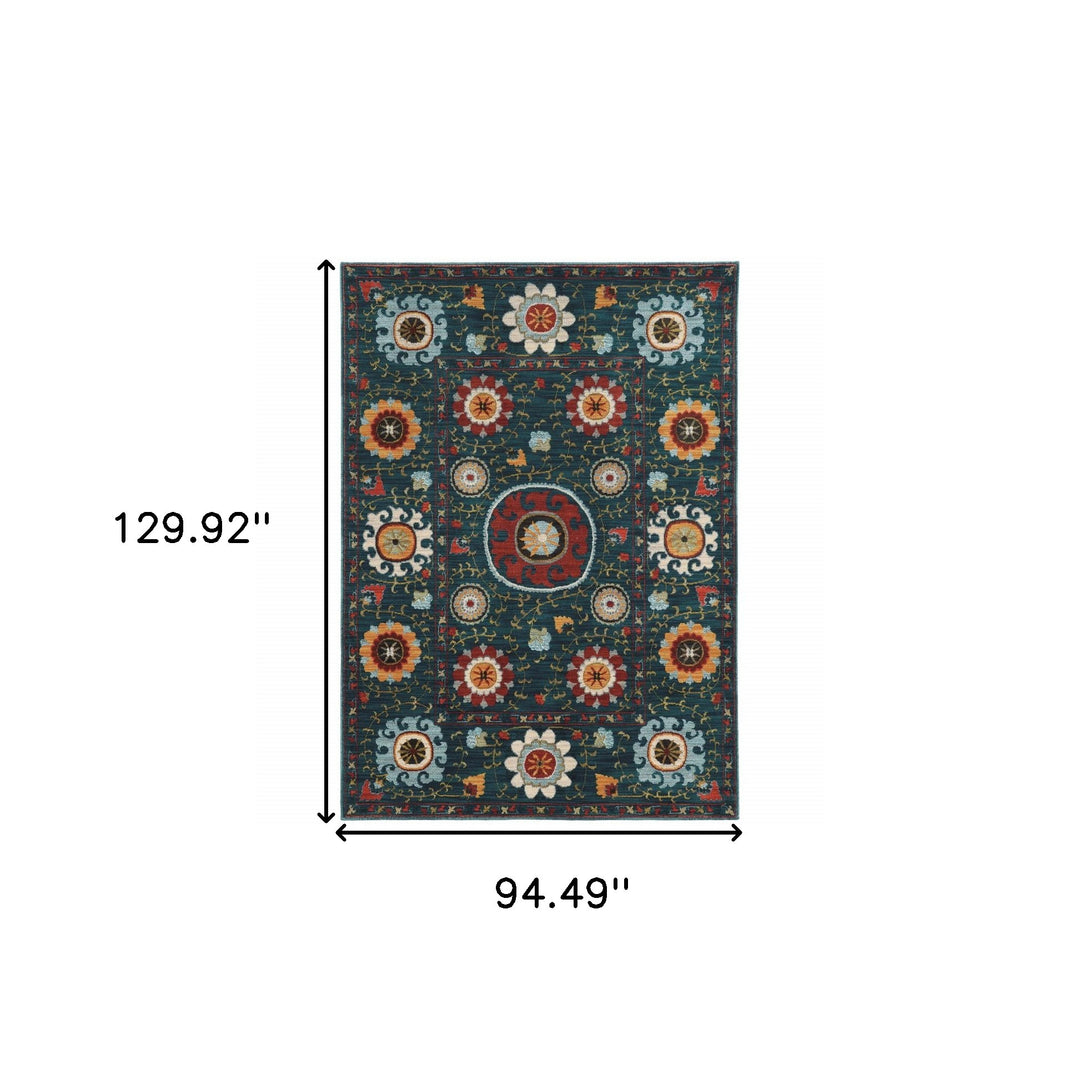 2' X 3' Red Gold Orange Green Ivory Rust And Blue Floral Power Loom Stain Resistant Area Rug