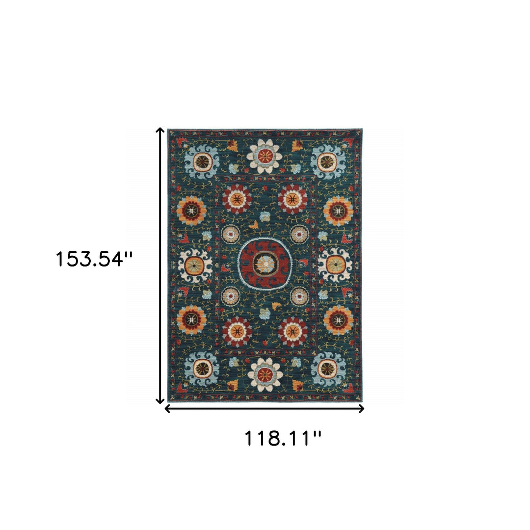 2' X 3' Red Gold Orange Green Ivory Rust And Blue Floral Power Loom Stain Resistant Area Rug