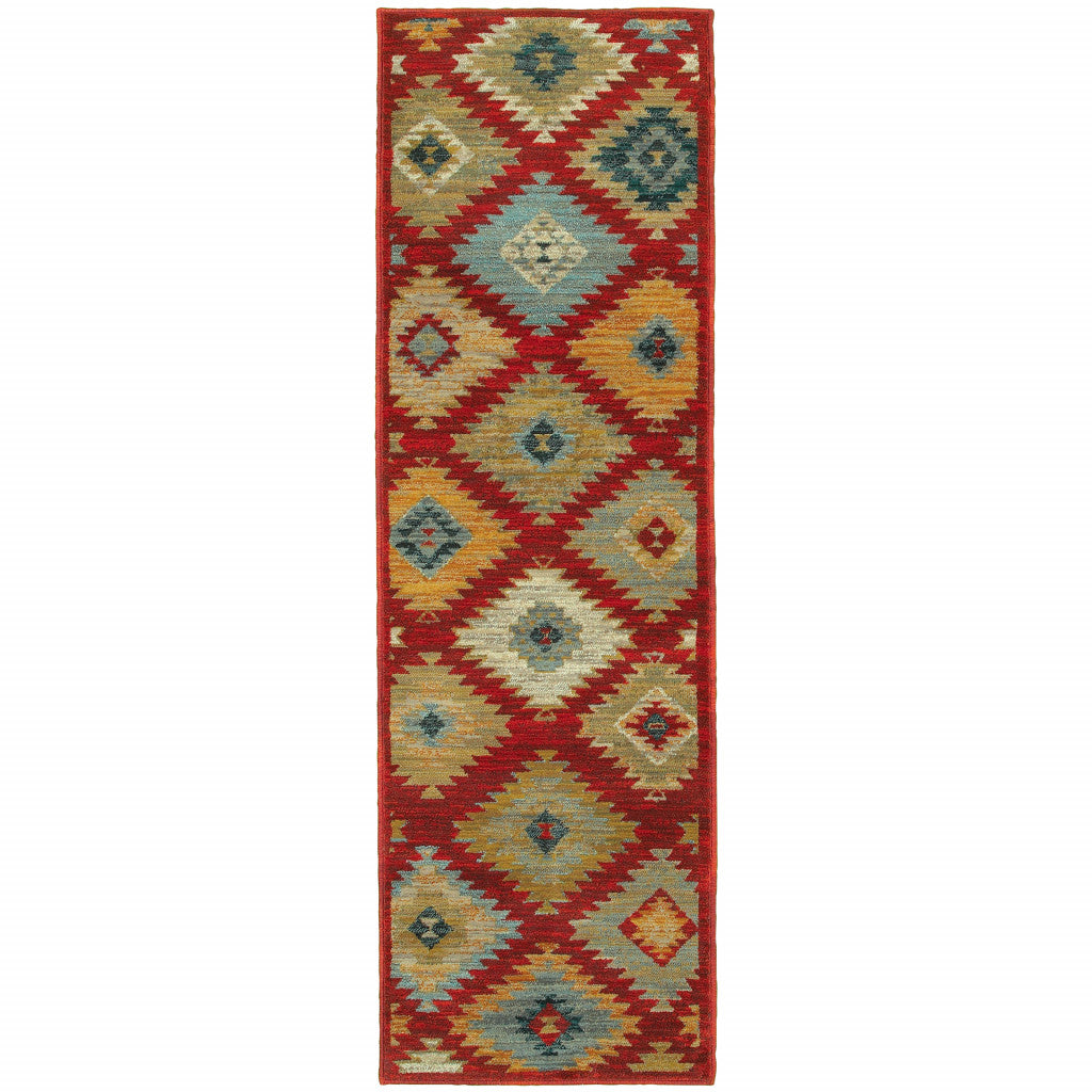 2' X 3' Red Green Gold Blue Teal And Ivory Geometric Power Loom Stain Resistant Area Rug