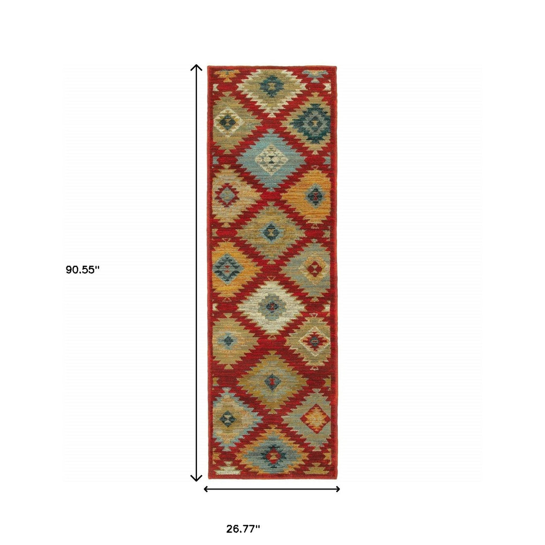 2' X 3' Red Green Gold Blue Teal And Ivory Geometric Power Loom Stain Resistant Area Rug