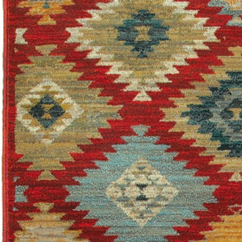 2' X 3' Red Green Gold Blue Teal And Ivory Geometric Power Loom Stain Resistant Area Rug