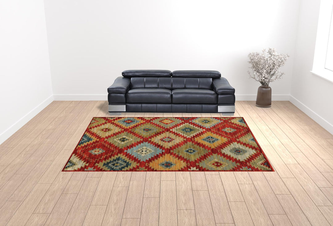 2' X 3' Red Green Gold Blue Teal And Ivory Geometric Power Loom Stain Resistant Area Rug