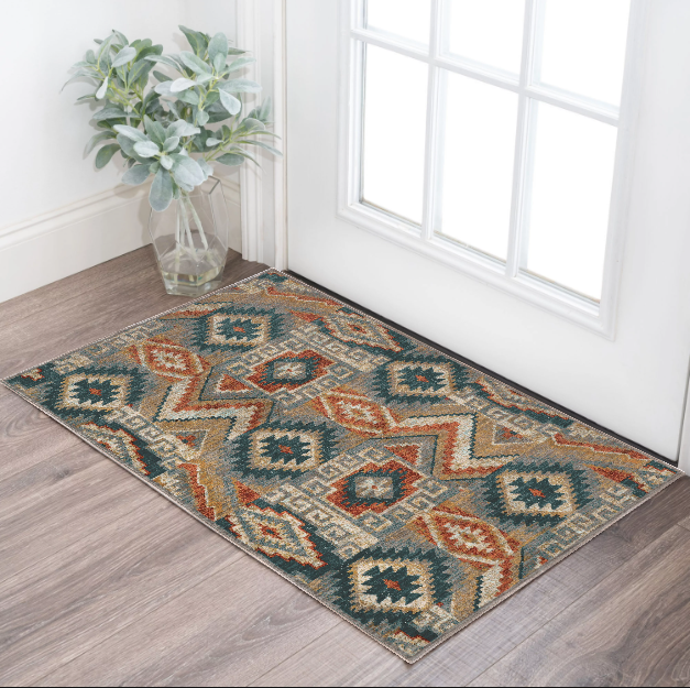 2' X 3' Blue Teal Grey Orange Gold Ivory And Rust Geometric Power Loom Stain Resistant Area Rug