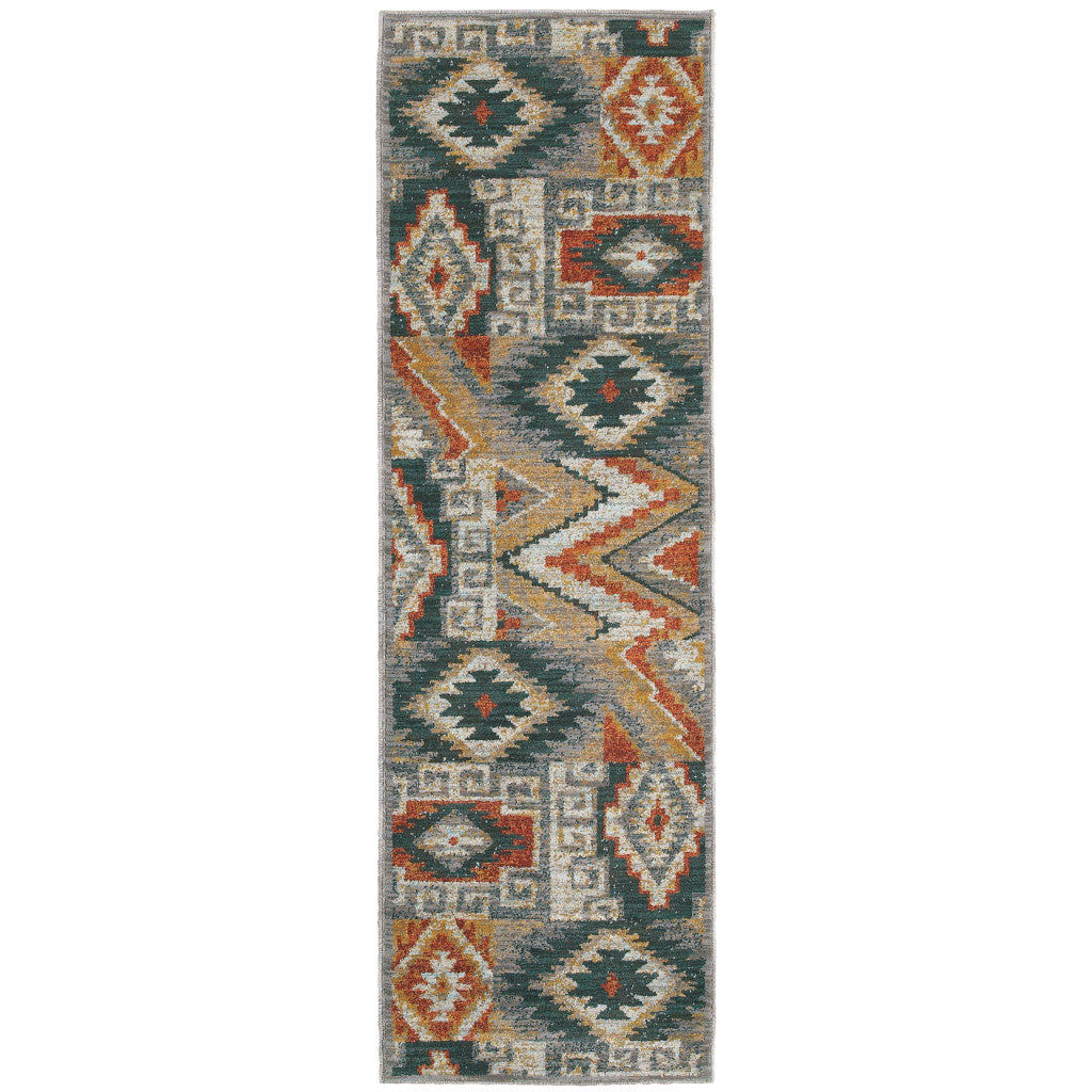 2' X 3' Blue Teal Grey Orange Gold Ivory And Rust Geometric Power Loom Stain Resistant Area Rug