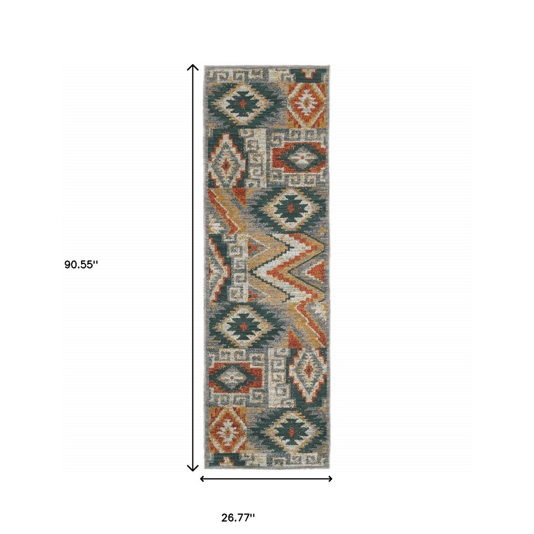 2' X 3' Blue Teal Grey Orange Gold Ivory And Rust Geometric Power Loom Stain Resistant Area Rug