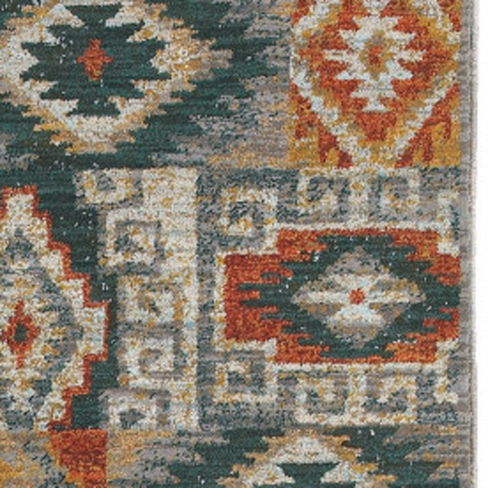 2' X 3' Blue Teal Grey Orange Gold Ivory And Rust Geometric Power Loom Stain Resistant Area Rug