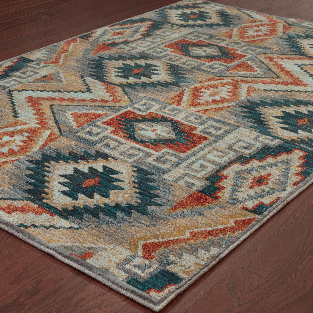 2' X 3' Blue Teal Grey Orange Gold Ivory And Rust Geometric Power Loom Stain Resistant Area Rug