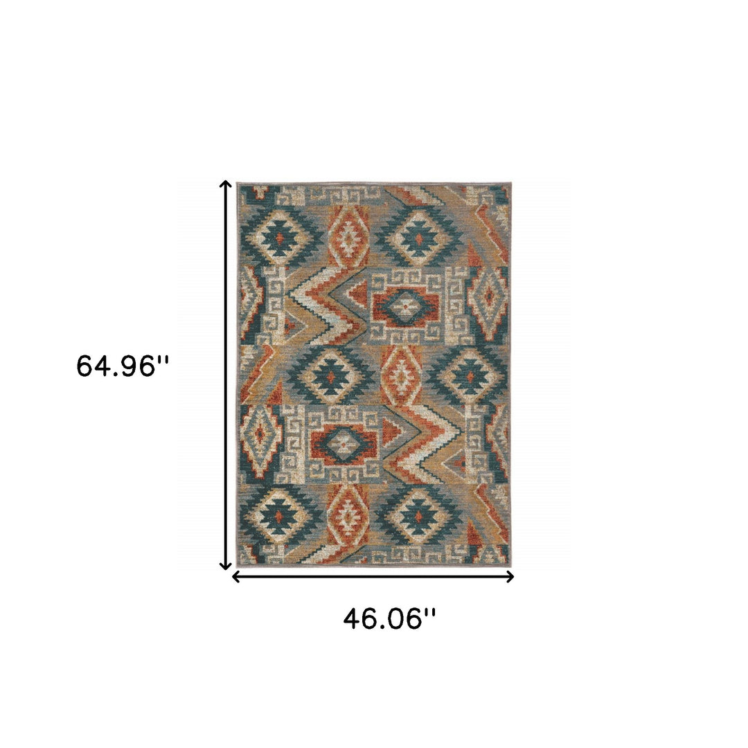 2' X 3' Blue Teal Grey Orange Gold Ivory And Rust Geometric Power Loom Stain Resistant Area Rug