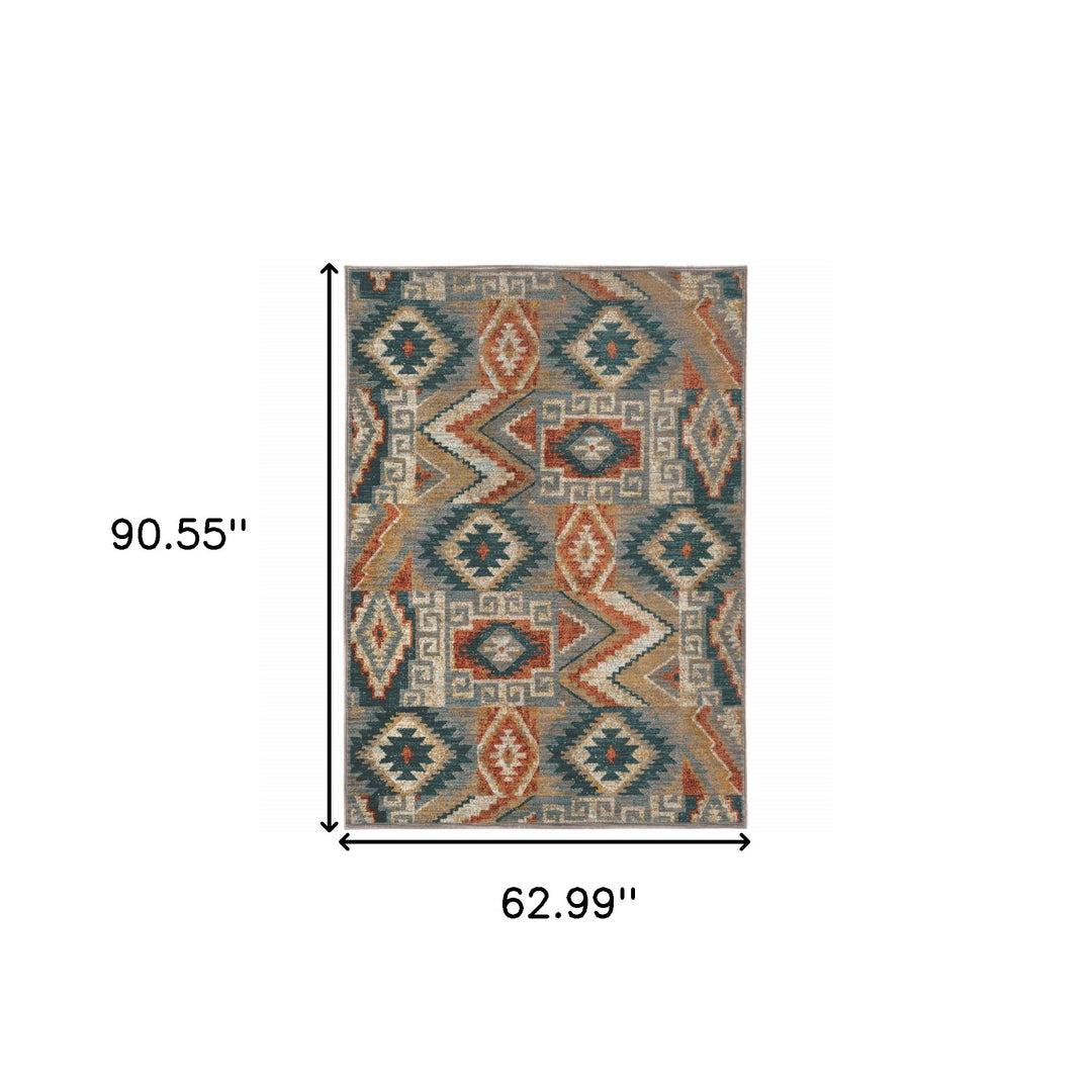 2' X 3' Blue Teal Grey Orange Gold Ivory And Rust Geometric Power Loom Stain Resistant Area Rug