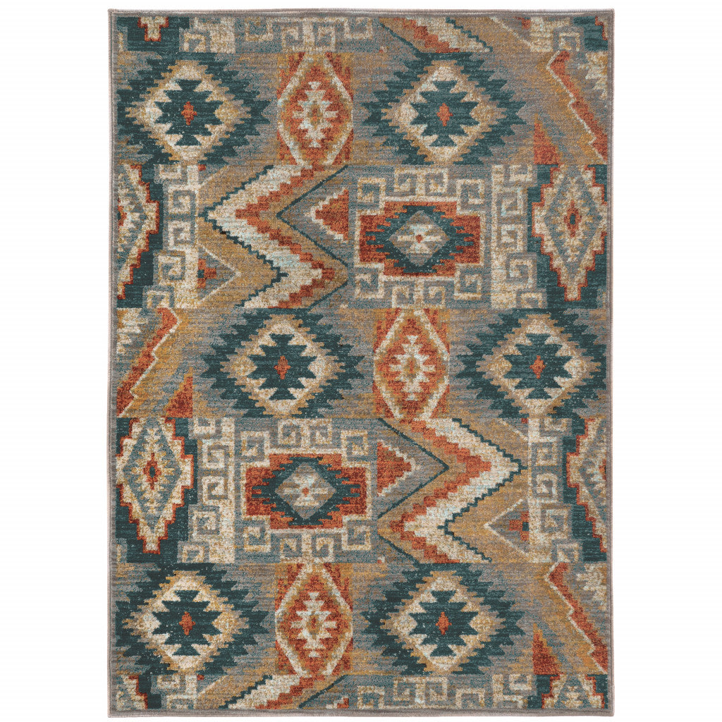 2' X 3' Blue Teal Grey Orange Gold Ivory And Rust Geometric Power Loom Stain Resistant Area Rug