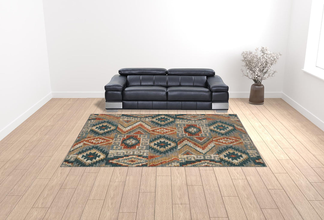 2' X 3' Blue Teal Grey Orange Gold Ivory And Rust Geometric Power Loom Stain Resistant Area Rug