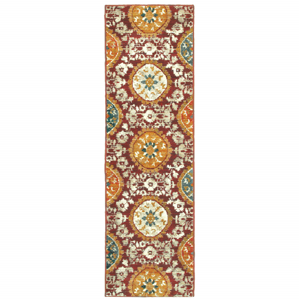 2' X 3' Red Gold Teal Grey Ivory And Blue Oriental Power Loom Stain Resistant Area Rug