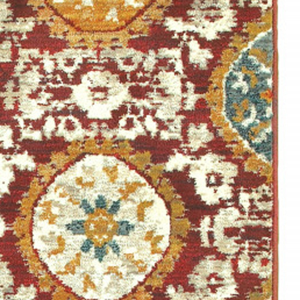 2' X 3' Red Gold Teal Grey Ivory And Blue Oriental Power Loom Stain Resistant Area Rug