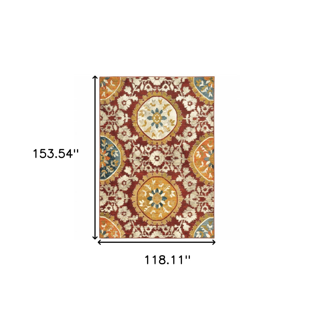 2' X 3' Red Gold Teal Grey Ivory And Blue Oriental Power Loom Stain Resistant Area Rug